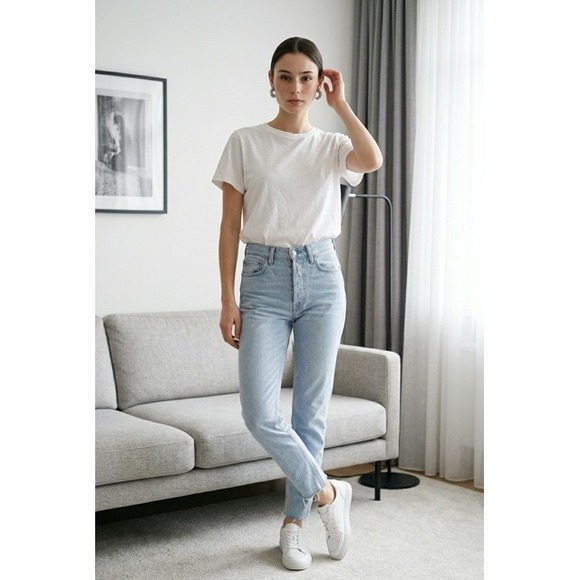 REdone Denim - RE/DONE High Rise Ankle Crop Jeans Light Wash Button Fly Blue Denim Size 27